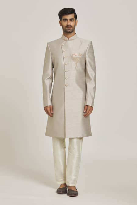 Arihant Rai Sinha_Grey Silk, Denim Embroidery Overlap Sherwani And Contrast Pant Set _Online_at_Aza_Fashions