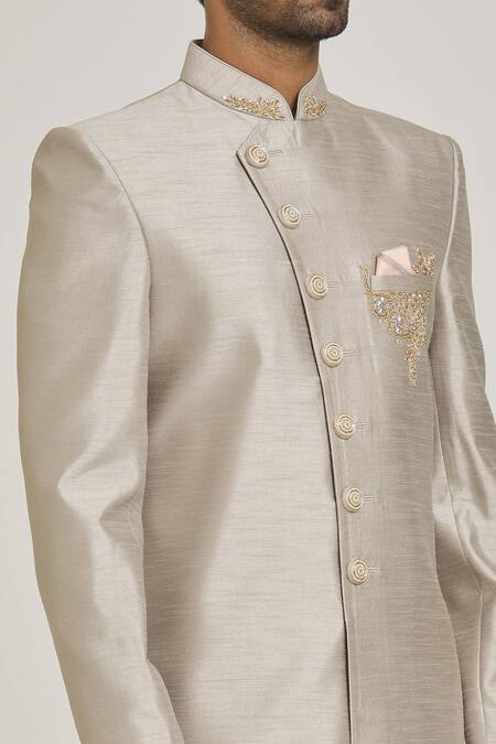 Shop_Arihant Rai Sinha_Grey Silk, Denim Embroidery Overlap Sherwani And Contrast Pant Set _Online_at_Aza_Fashions
