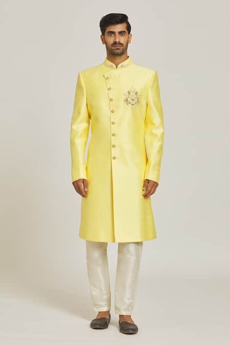 Samyukta Singhania_Pink Silk, Cotton Embroidery Overlap Sherwani Set _Online_at_Aza_Fashions