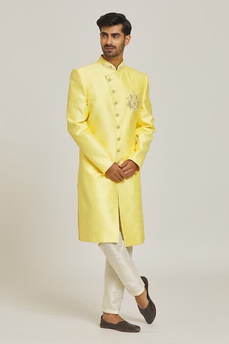 Buy_Samyukta Singhania_Pink Silk, Cotton Embroidery Overlap Sherwani Set _Online_at_Aza_Fashions