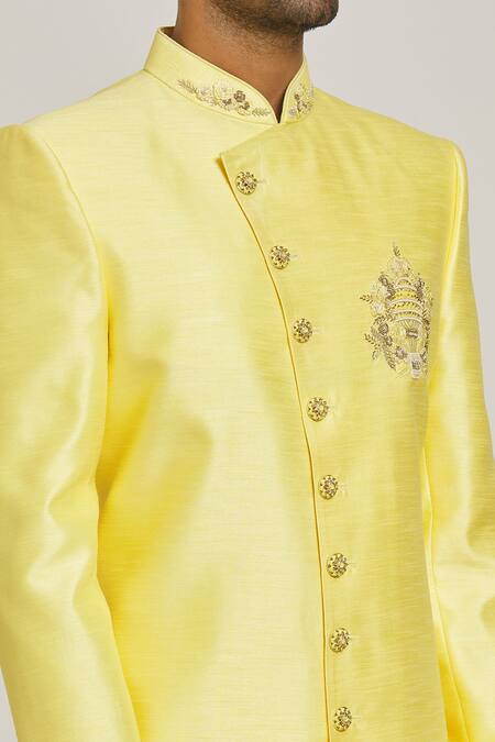 Shop_Samyukta Singhania_Pink Silk, Cotton Embroidery Overlap Sherwani Set _Online_at_Aza_Fashions