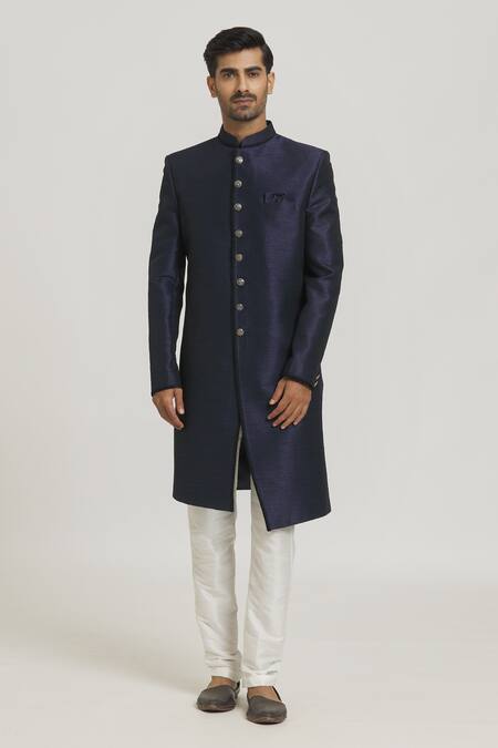 Buy_Arihant Rai Sinha_Blue Silk Solid Straight Sherwani With Pant _Online_at_Aza_Fashions