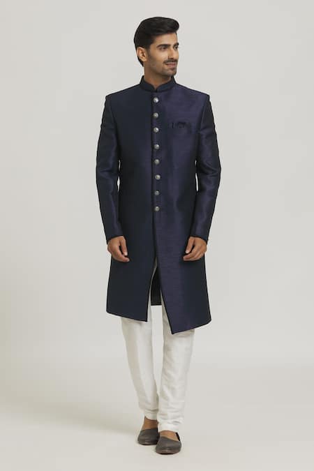 Shop_Arihant Rai Sinha_Blue Silk Solid Straight Sherwani With Pant _Online_at_Aza_Fashions