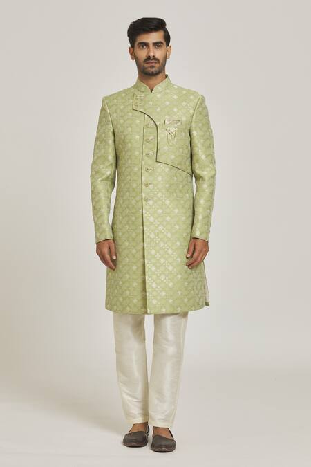Arihant Rai Sinha_Green Brocade, Silk Embroidery Overlap Floral Pattern Sherwani Set _Online_at_Aza_Fashions
