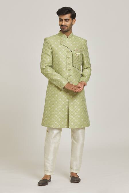 Buy_Arihant Rai Sinha_Green Brocade, Silk Embroidery Overlap Floral Pattern Sherwani Set _Online_at_Aza_Fashions