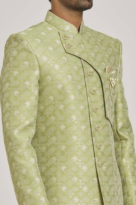 Shop_Arihant Rai Sinha_Green Brocade, Silk Embroidery Overlap Floral Pattern Sherwani Set _Online_at_Aza_Fashions