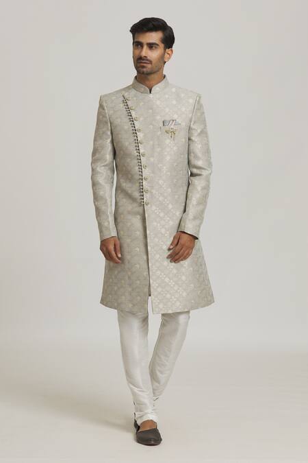 Arihant Rai Sinha Grey Brocade, Silk Embroidery Woven Tonal Floral Pattern Sherwani With Pant Online at Aza Fashions Arihant Rai Sinha_Grey Brocade, Silk Embroidery Woven Tonal Floral Pattern Sherwani With Pant_Online_at_Aza_Fashions