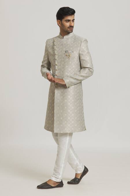 Buy Arihant Rai Sinha Grey Brocade, Silk Embroidery Woven Tonal Floral Pattern Sherwani With Pant Online at Aza Fashions Buy_Arihant Rai Sinha_Grey Brocade, Silk Embroidery Woven Tonal Floral Pattern Sherwani With Pant_Online_at_Aza_Fashions
