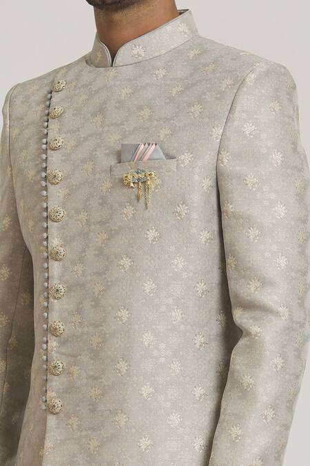 Shop Arihant Rai Sinha Grey Brocade, Silk Embroidery Woven Tonal Floral Pattern Sherwani With Pant Online at Aza Fashions Shop_Arihant Rai Sinha_Grey Brocade, Silk Embroidery Woven Tonal Floral Pattern Sherwani With Pant_Online_at_Aza_Fashions