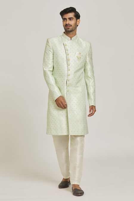 Buy_Arihant Rai Sinha_Green Brocade, Silk Geometric Pattern Overlap Sherwani Set _Online_at_Aza_Fashions