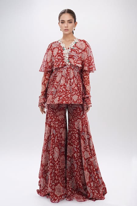 Ridhi Mehra Red Embroidered Floral V Neck Print Peplum Kurta And Sharara Set 