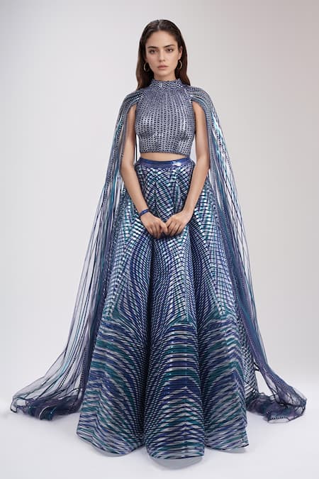 Amit Aggarwal Metallic Embellished Lehenga & Cape Blouse Set 