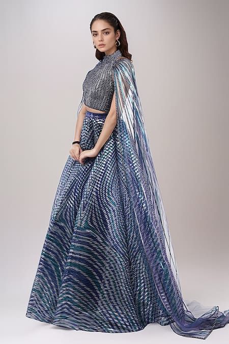 Shop_Amit Aggarwal_Blue Georgette, Silk Cut Work Metallic Embellished Lehenga And Cape Blouse Set _Online_at_Aza_Fashions