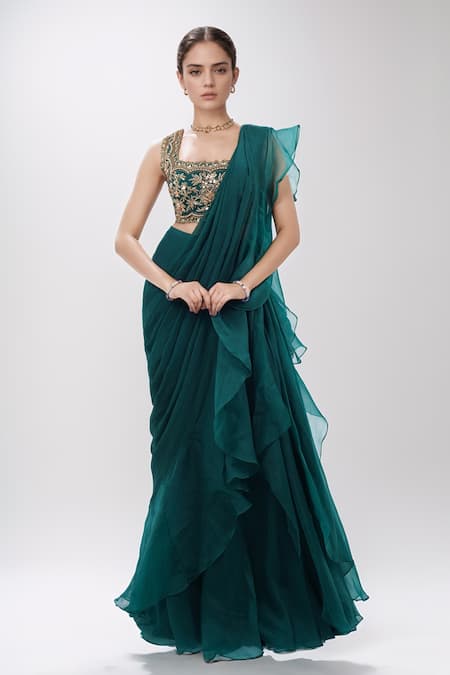 Ridhi Mehra Emerald Green Chiffon Embroidered Floral Pre-draped Frill Saree With Blouse 