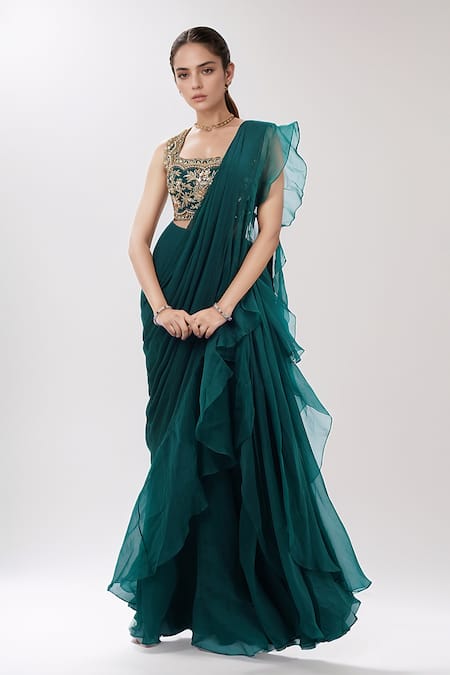 Ridhi Mehra Emerald Green Organza, Chiffon Embroidery Pre-draped Frill Saree With Blouse Online at Aza Fashions Ridhi Mehra_Emerald Green Organza, Chiffon Embroidery Pre-draped Frill Saree With Blouse _Online_at_Aza_Fashions