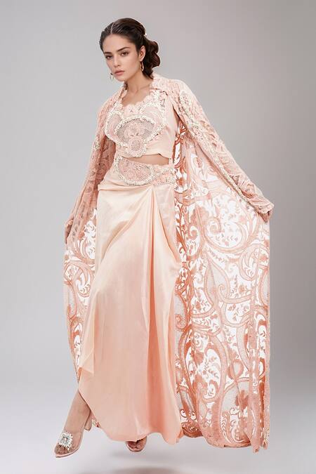 Buy Anamika Khanna Pink Lace, Silk Beads, Embroidery, Sequins Round Neck Jacket And Draped Skirt Set Online at Aza Fashions Buy_Anamika Khanna_Pink Lace, Silk Beads, Embroidery, Sequins Round Neck Jacket And Draped Skirt Set_Online_at_Aza_Fashions
