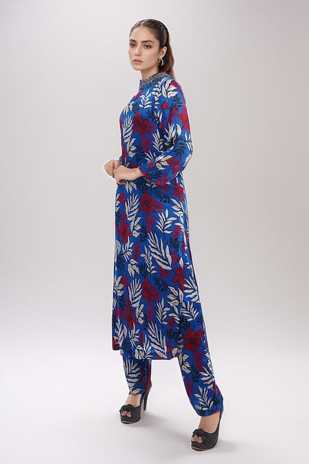Shop Namrata Joshipura Blue Cotton Embroidery Bandeau Willow Tropical Print Kurta And Pant Co-ord Set at Aza Fashions Shop_Namrata Joshipura_Blue Cotton Embroidery Bandeau Willow Tropical Print Kurta And Pant Co-ord Set _at_Aza_Fashions