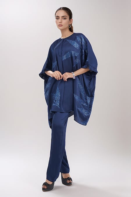 NAMRATA JOSHIPURA Blue Embroidered Sequins Round Kaftan And Pant Co-ord Set 