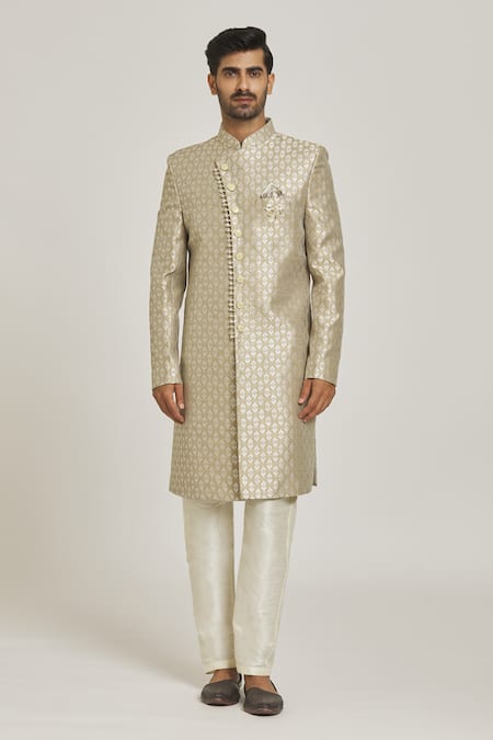 Arihant Rai Sinha_Beige Brocade, Silk Embroidery Metallic Floral Pattern Overlap Sherwani Set _at_Aza_Fashions