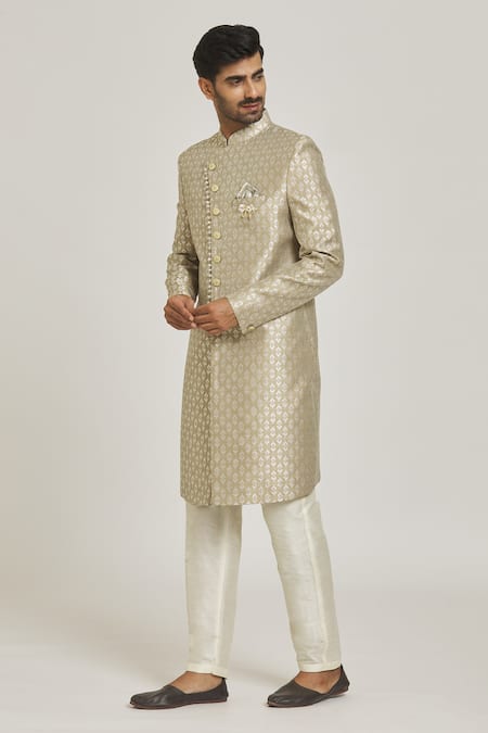 Buy_Arihant Rai Sinha_Beige Brocade, Silk Embroidery Metallic Floral Pattern Overlap Sherwani Set _Online_at_Aza_Fashions
