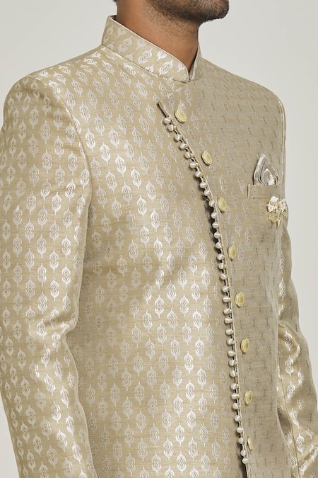 Shop_Arihant Rai Sinha_Beige Brocade, Silk Embroidery Metallic Floral Pattern Overlap Sherwani Set _Online_at_Aza_Fashions