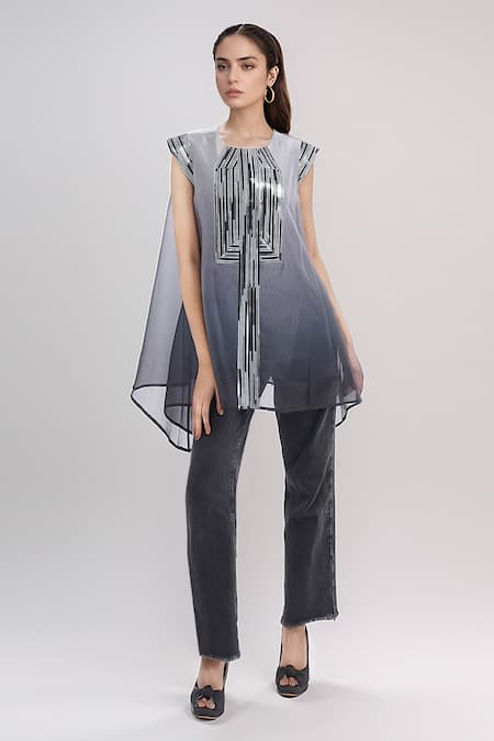 Amit Aggarwal Grey Embellished Metallic Round Ombre Top 