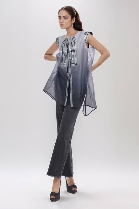 Amit Aggarwal Grey Sequins Round Neck Metallic Embellished Ombre Top Online at Aza Fashions Amit Aggarwal_Grey Sequins Round Neck Metallic Embellished Ombre Top _Online_at_Aza_Fashions