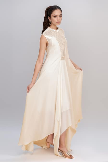 Amit Aggarwal_White Metallic Thread Collared Embellished Dress _Online_at_Aza_Fashions