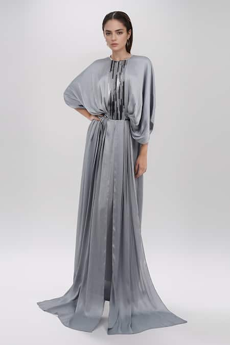 Amit Aggarwal Grey Embellished Metallic Round Cape Dress 