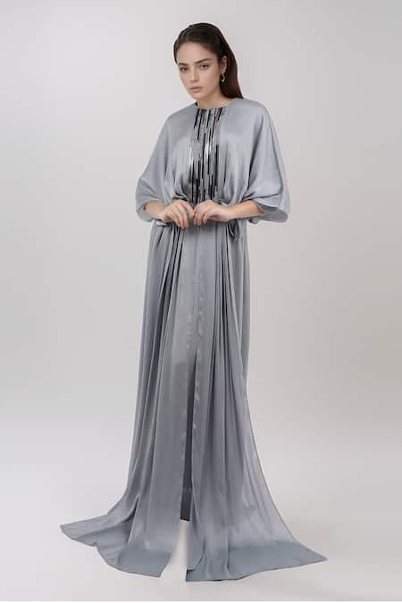 Amit Aggarwal_Grey Chiffon Metallic Thread Round Neck Embellished Cape Dress _Online_at_Aza_Fashions