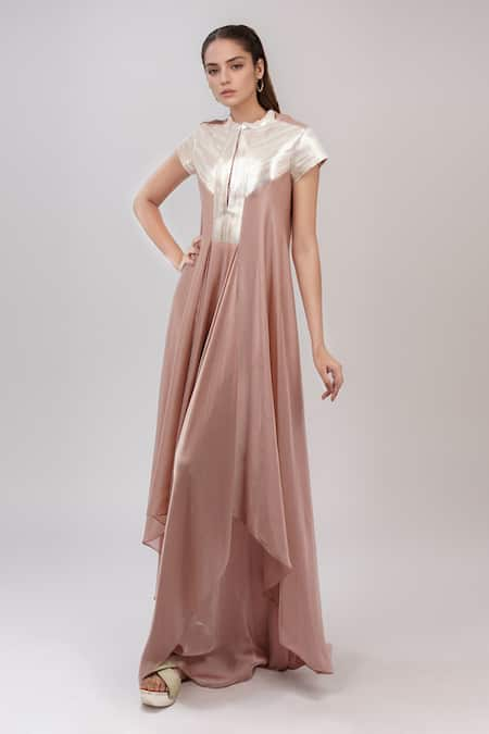 Amit Aggarwal Pink Embellished Metallic Band Collar Dress 