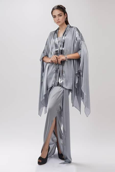 Amit Aggarwal Metallic Embellished Cape With Draped Skirt Set 