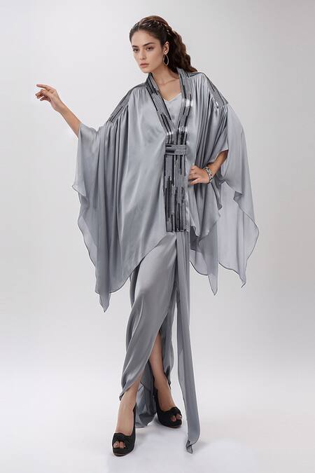 Buy_Amit Aggarwal_Grey Chiffon Metallic Thread Embellished Cape With Draped Skirt Set _Online_at_Aza_Fashions