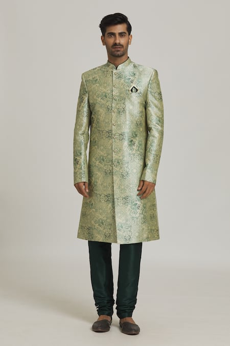Arihant Rai Sinha_Green Silk, Chanderi Embroidery Floral Watercolour Print Sherwani With Churidar _Online_at_Aza_Fashions