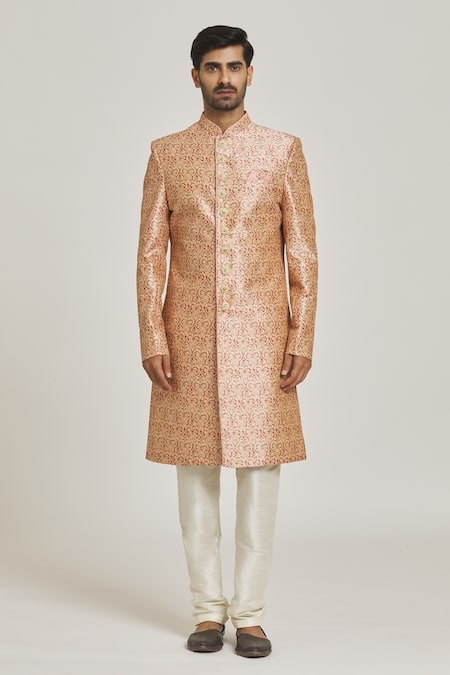 Samyukta Singhania_Peach Silk, Chiffon Floral Print Sherwani Set _Online_at_Aza_Fashions