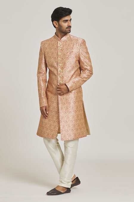 Buy_Samyukta Singhania_Peach Silk, Chiffon Floral Print Sherwani Set _Online_at_Aza_Fashions