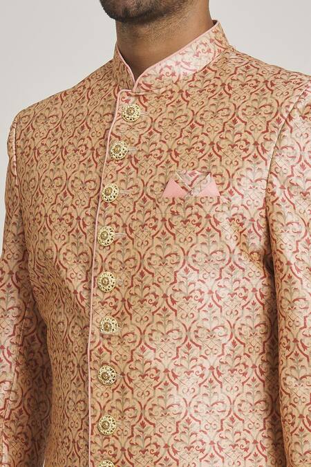 Shop_Samyukta Singhania_Peach Silk, Chiffon Floral Print Sherwani Set _Online_at_Aza_Fashions