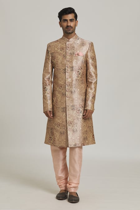 Arihant Rai Sinha_Peach Silk, Chanderi Embroidery On Floral Print Sherwani With Churidar _Online_at_Aza_Fashions