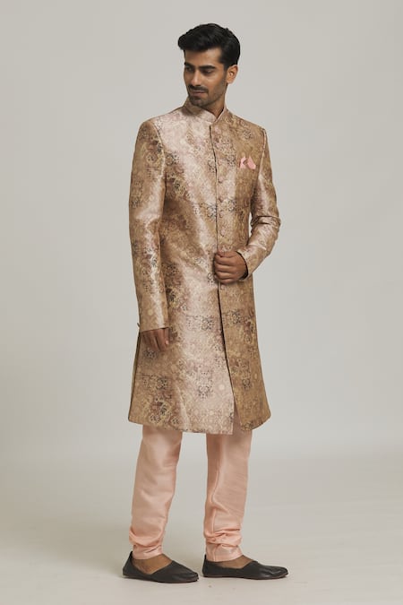 Buy_Arihant Rai Sinha_Peach Silk, Chanderi Embroidery On Floral Print Sherwani With Churidar _Online_at_Aza_Fashions