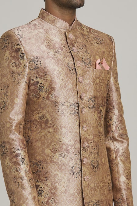 Shop_Arihant Rai Sinha_Peach Silk, Chanderi Embroidery On Floral Print Sherwani With Churidar _Online_at_Aza_Fashions