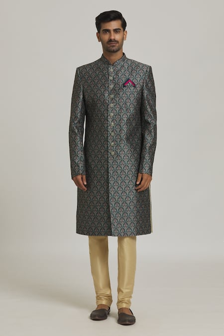 Arihant Rai Sinha_Green Silk, Chiffon Embroidery Floral Mughal Print Sherwani With Churidar _Online_at_Aza_Fashions