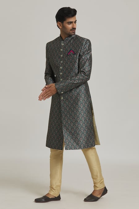 Buy_Arihant Rai Sinha_Green Silk, Chiffon Embroidery Floral Mughal Print Sherwani With Churidar _Online_at_Aza_Fashions