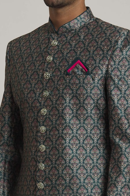 Shop_Arihant Rai Sinha_Green Silk, Chiffon Embroidery Floral Mughal Print Sherwani With Churidar _Online_at_Aza_Fashions