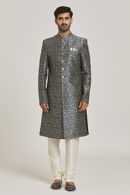 Arihant Rai Sinha_Grey Silk, Chanderi Floral Print Button Down Sherwani Set _Online_at_Aza_Fashions
