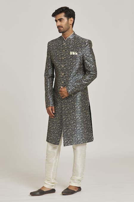 Buy_Arihant Rai Sinha_Grey Silk, Chanderi Floral Print Button Down Sherwani Set _Online_at_Aza_Fashions