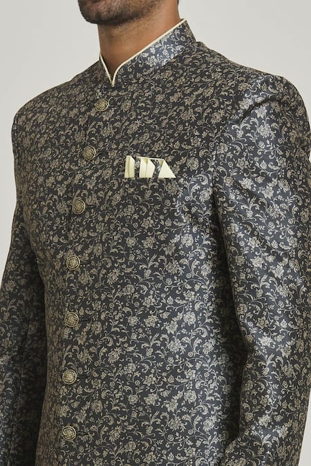 Shop_Arihant Rai Sinha_Grey Silk, Chanderi Floral Print Button Down Sherwani Set _Online_at_Aza_Fashions