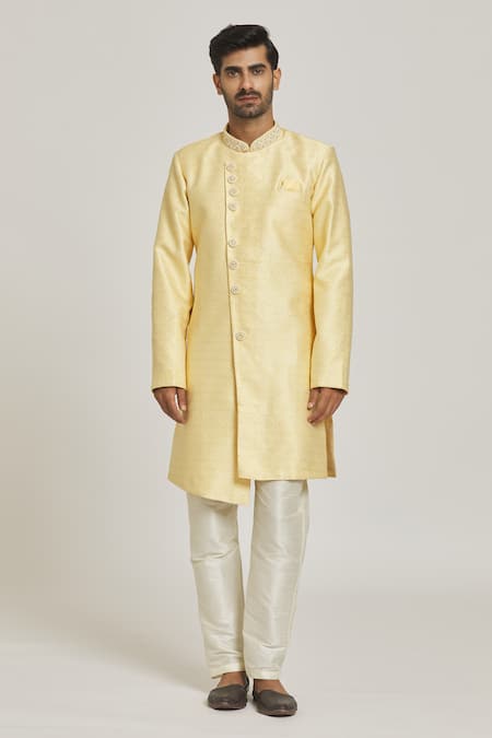 Arihant Rai Sinha_Yellow Brocade, Silk Embroidery Floral Pattern Overlap Sherwani Set _Online_at_Aza_Fashions