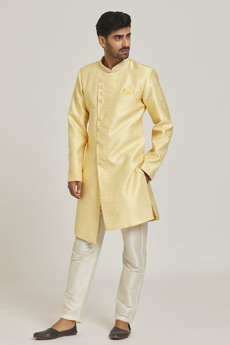 Buy_Arihant Rai Sinha_Yellow Brocade, Silk Embroidery Floral Pattern Overlap Sherwani Set _Online_at_Aza_Fashions