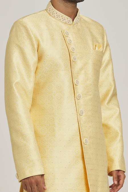 Shop_Arihant Rai Sinha_Yellow Brocade, Silk Embroidery Floral Pattern Overlap Sherwani Set _Online_at_Aza_Fashions