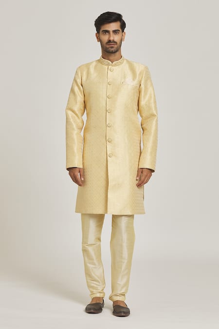 Arihant Rai Sinha_Beige Brocade, Silk Floral Pattern Sherwani Set _at_Aza_Fashions